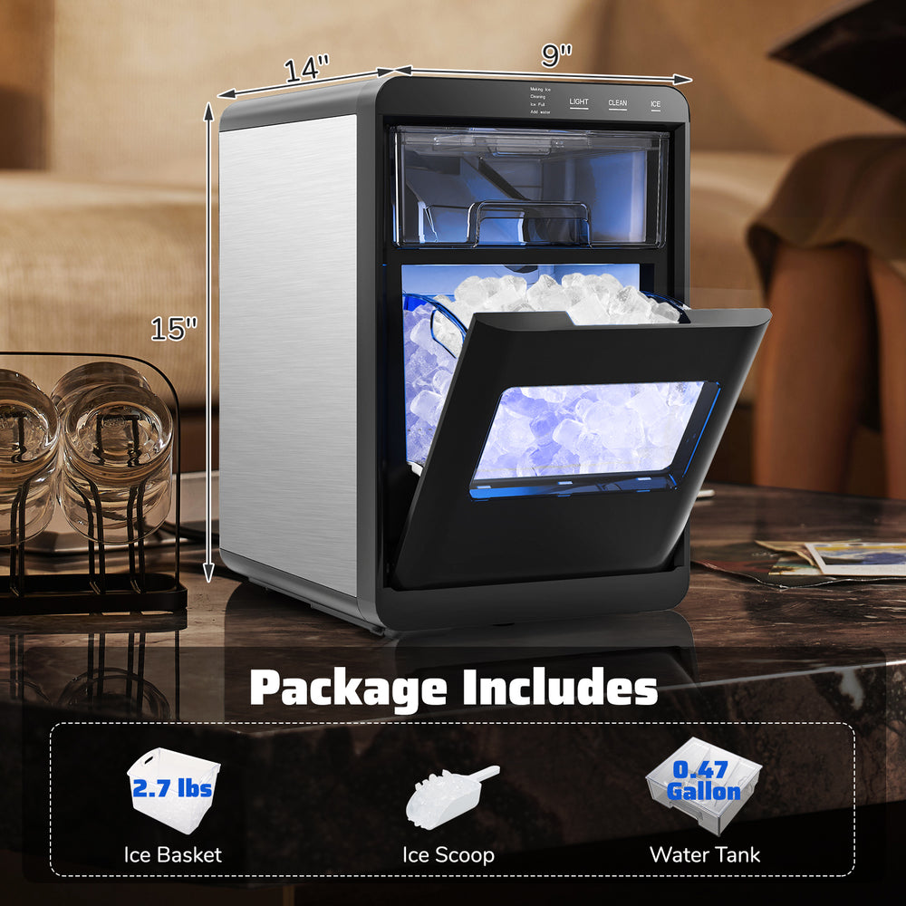 Compact nugget ice maker with ice basket and water tank, perfect for home bars and enhancing iced coffee experiences.