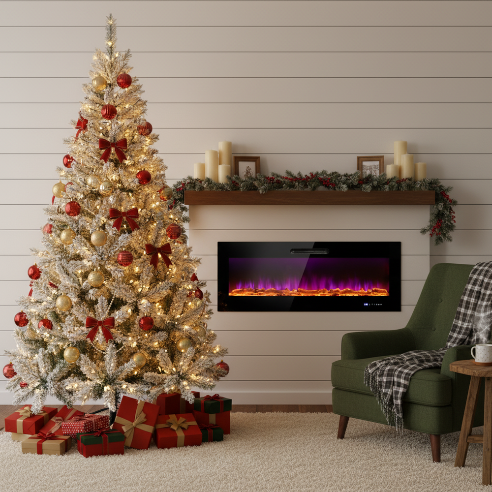 Snowy pre-lit Christmas tree with gifts beside a 50" electric fireplace, creating a cozy holiday ambiance.
