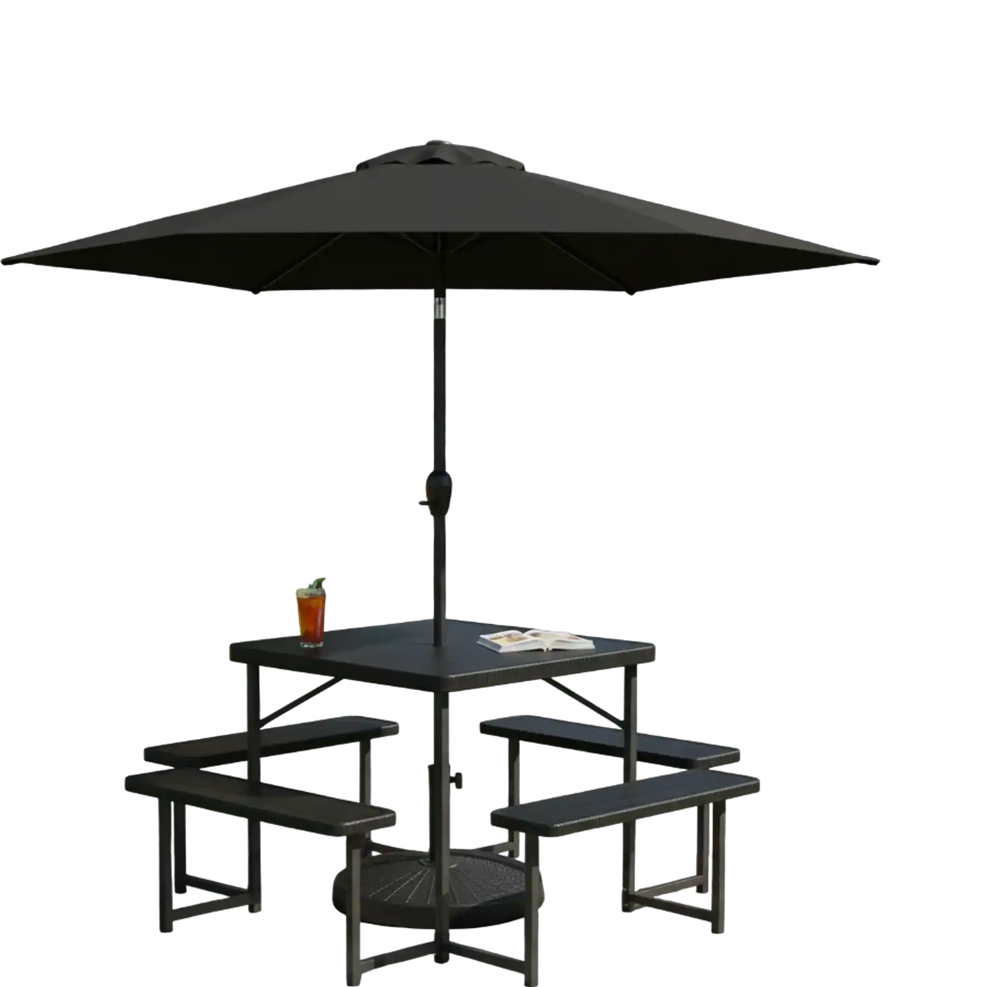 Outdoor picnic table bench set with a 7.5 ft umbrella, seating 4-8 people, perfect for gardens and patios.