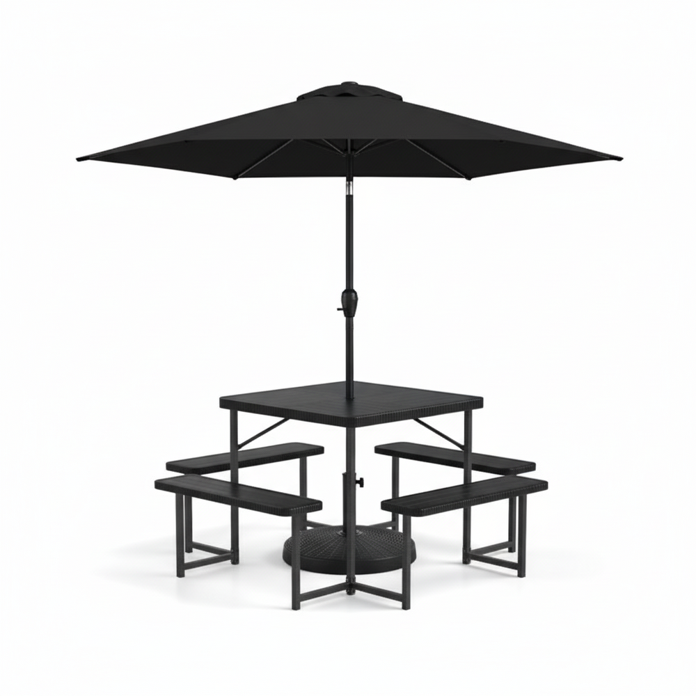 Outdoor picnic table bench set with a 7.5 ft umbrella, seating 4-8 people, ideal for patios and gardens.