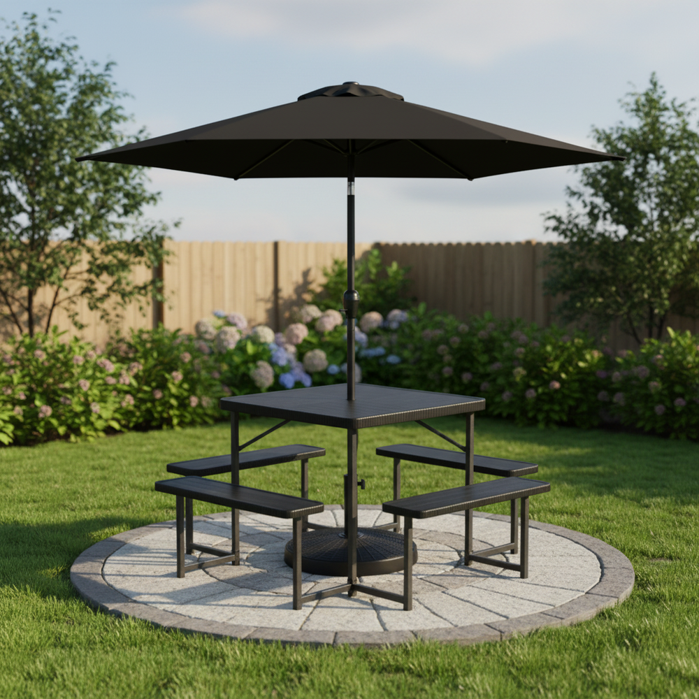 Outdoor picnic table bench set with 7.5 ft umbrella, seating 4-8 people, perfect for patios and gardens.