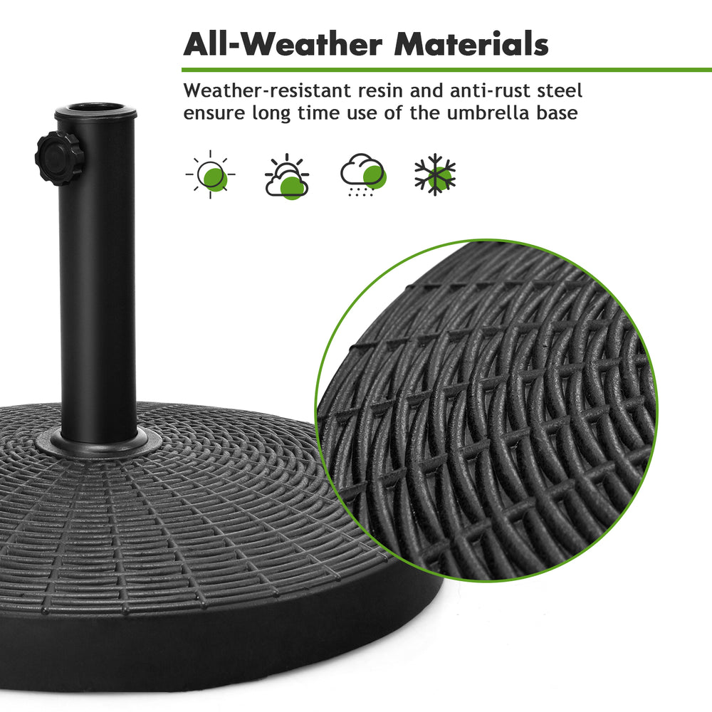 Close-up of the durable umbrella base made from weather-resistant resin and anti-rust steel for outdoor stability.