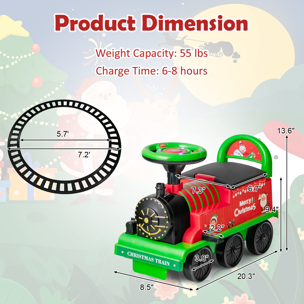 6V toddler ride-on train with 2-seater carriage, circular track, and colorful lights for fun group play.