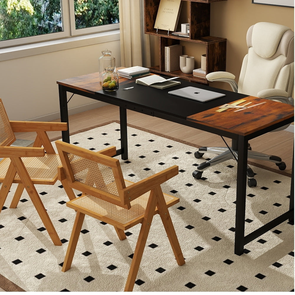 Two breathable rattan accent chairs with bamboo frames beside a spacious desk in a modern home office setup.