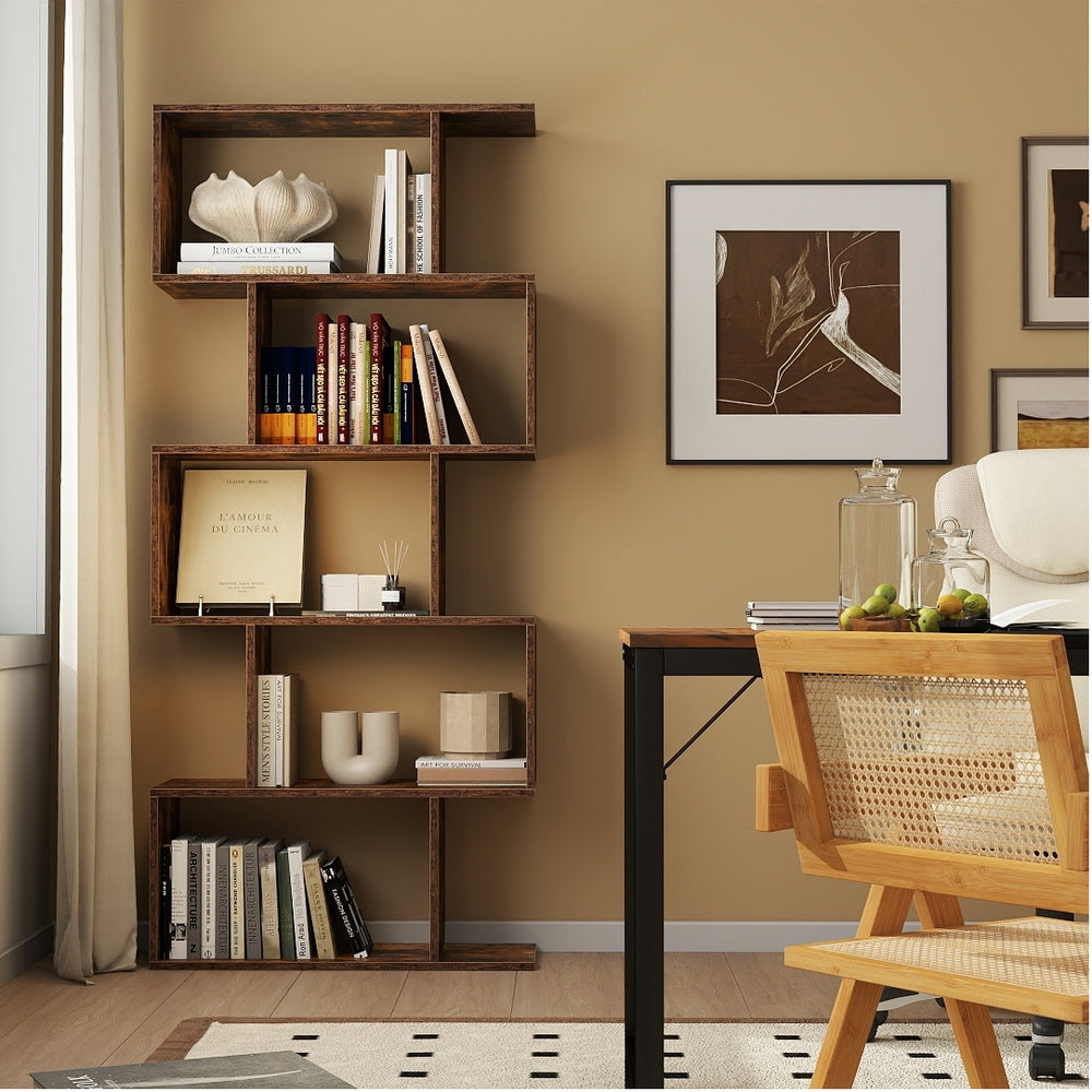 S-shaped 5-tier bookshelf in a modern home office setting, showcasing decorative items and books for stylish storage.