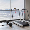 Folding treadmill with a 3HP motor and dumbbell weight set, ideal for home fitness and versatile workouts.