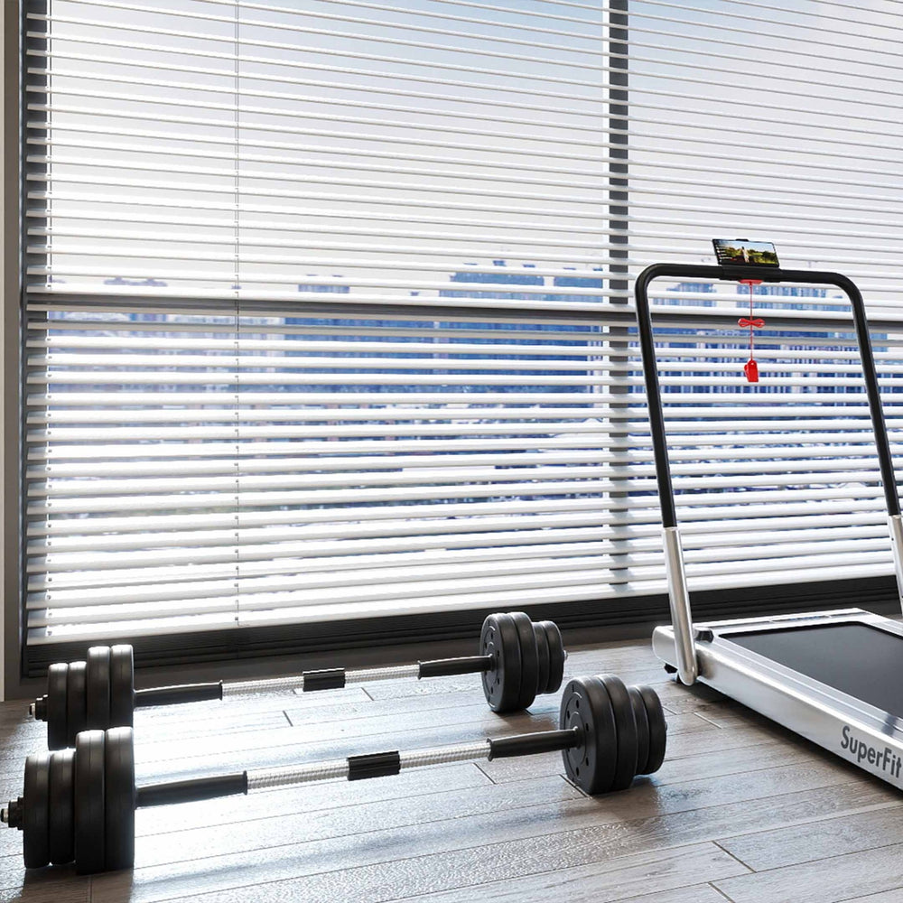 Dumbbell weight set with adjustable plates and a 3-in-1 folding treadmill for versatile home workouts.