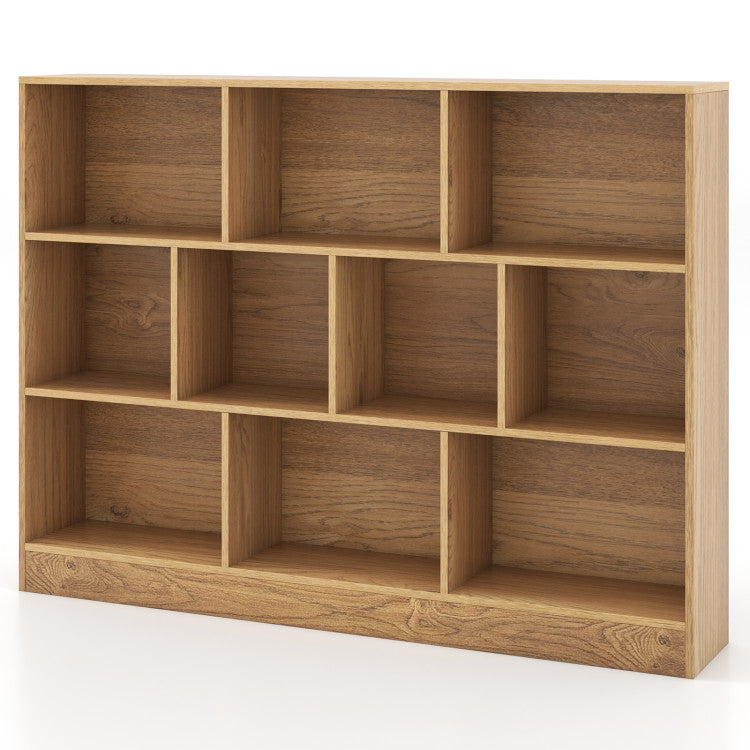 10-cube storage unit in oak finish for kids, promoting organization and creativity in playrooms and classrooms.