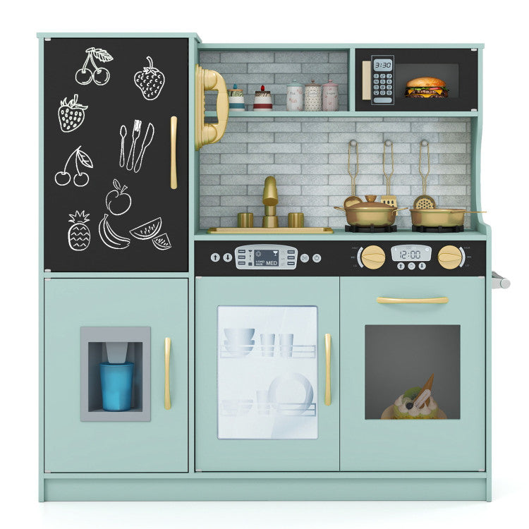 Kids play kitchen set featuring a multi-area design with storage, ice maker, oven, and microwave for creative role-play.