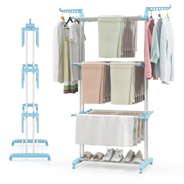 4-tier clothes drying rack with wheels, featuring a sturdy iron frame and multiple drying areas for convenient laundry.