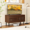 Mid Century fluted TV stand in walnut with metal legs, featuring hidden compartments for tidy storage and cable.