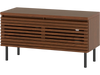 Mid Century Fluted TV stand in walnut with 2 hidden compartments and metal legs, perfect for TVs up to 40".