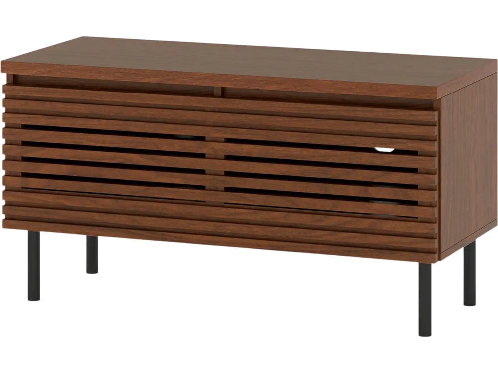 Mid Century Fluted TV stand in walnut with 2 hidden compartments and metal legs, perfect for TVs up to 40".