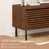 Walnut Mid Century fluted TV stand with solid metal legs, featuring hidden compartments for organized storage and.