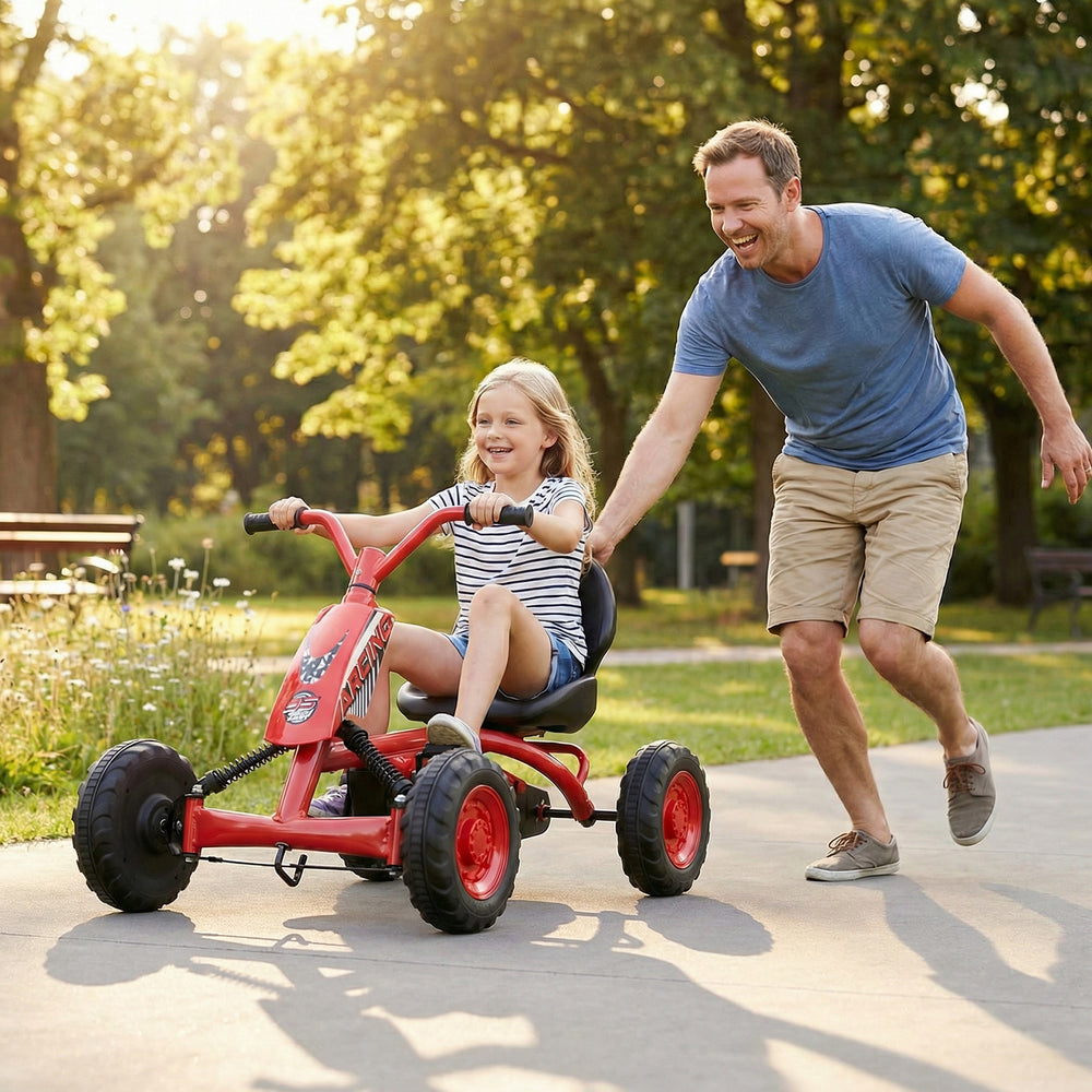 Go Kart for Kids 4 Wheel with Steering Handlebars and Adjustable Seat-Red - Gallery View 1 of 11