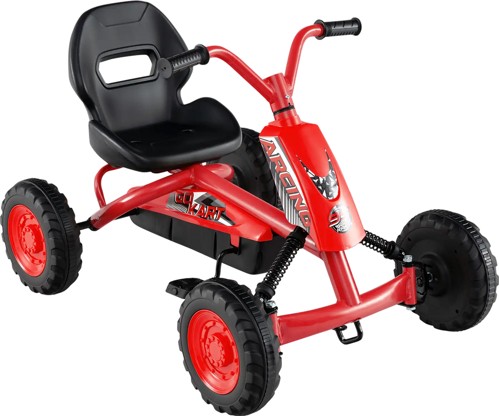 Red go-kart for kids featuring adjustable seat, anti-slip pedals, and sturdy metal frame for safe outdoor fun.