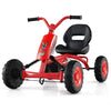 Red go-kart for kids with adjustable seat, anti-slip pedals, and sturdy metal frame for safe outdoor fun.