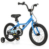 16-inch kids bike in navy blue with adjustable saddle, training wheels, and hand brake for safe riding.