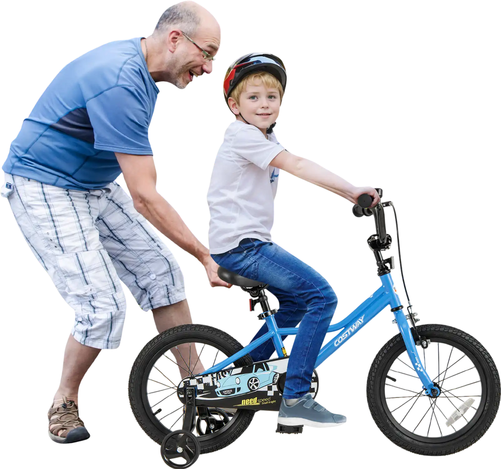 Kids bike with adjustable saddle, training wheels, and hand brake, perfect for learning to ride safely outdoors.