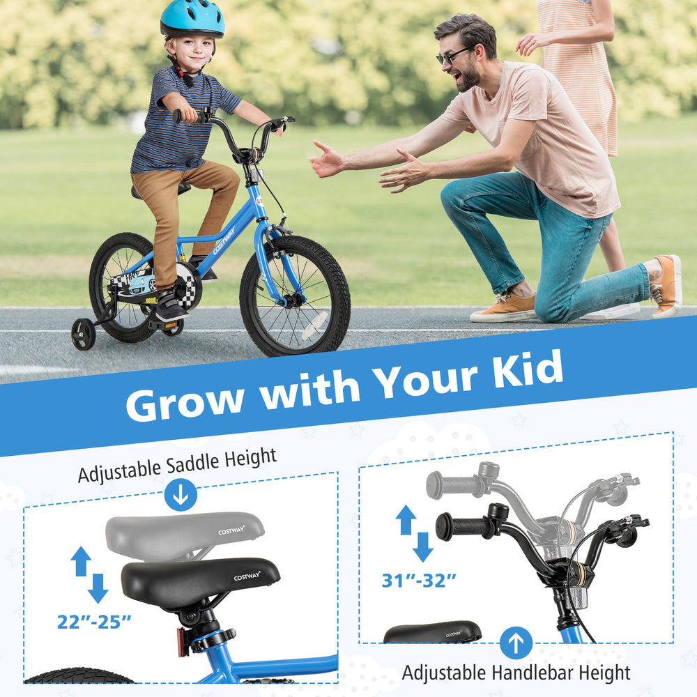 16-inch kids bike in navy with adjustable saddle and handlebar heights, perfect for growing children learning to ride.