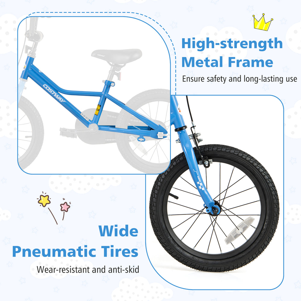 Close-up of the 16-inch kids bike's wide pneumatic tires and high-strength metal frame for safety and stability.