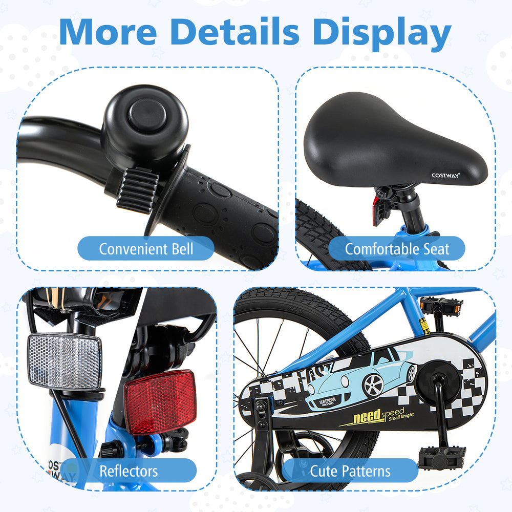 Close-up of the navy 16-inch kids bike features, including a comfortable seat, bell, reflectors, and cute patterns.
