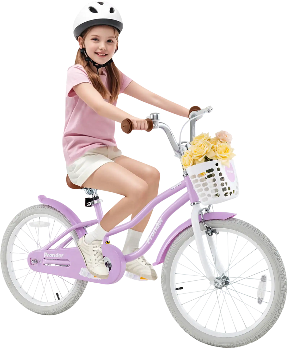20-inch purple kids bike with removable basket, adjustable seat, dual brakes, and a soft padded seat for comfort.