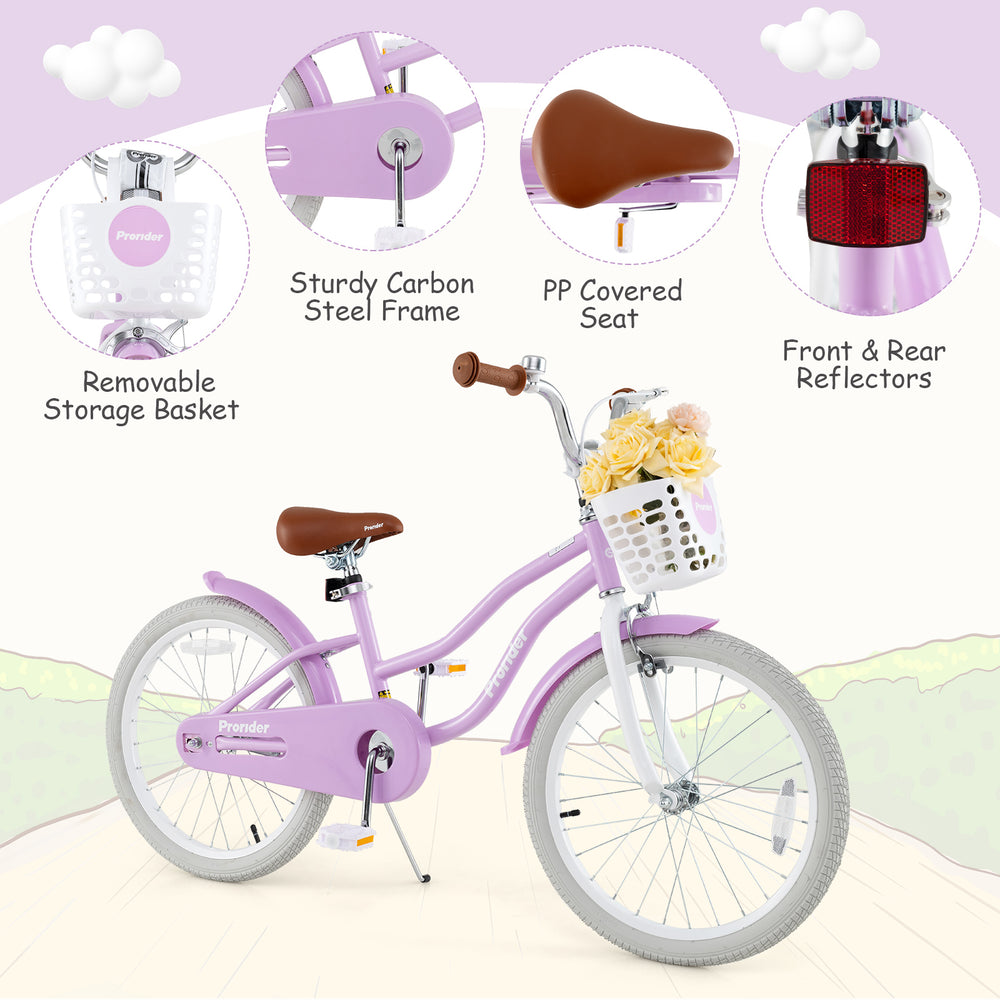 20-inch purple kids bike featuring a removable storage basket, adjustable seat, and durable carbon steel frame for.