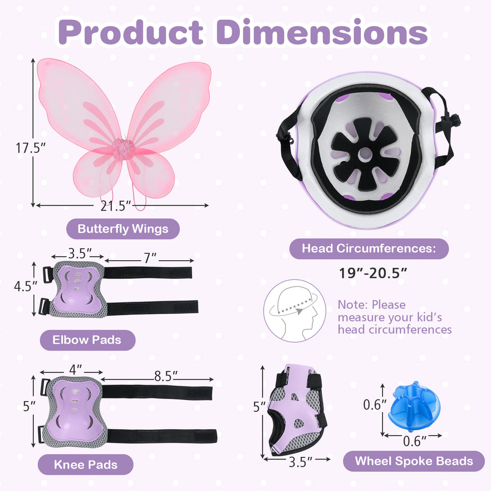 Butterfly wings and helmet dimensions for the 20-inch kids bike with protective set in purple, ideal for safety and fun.