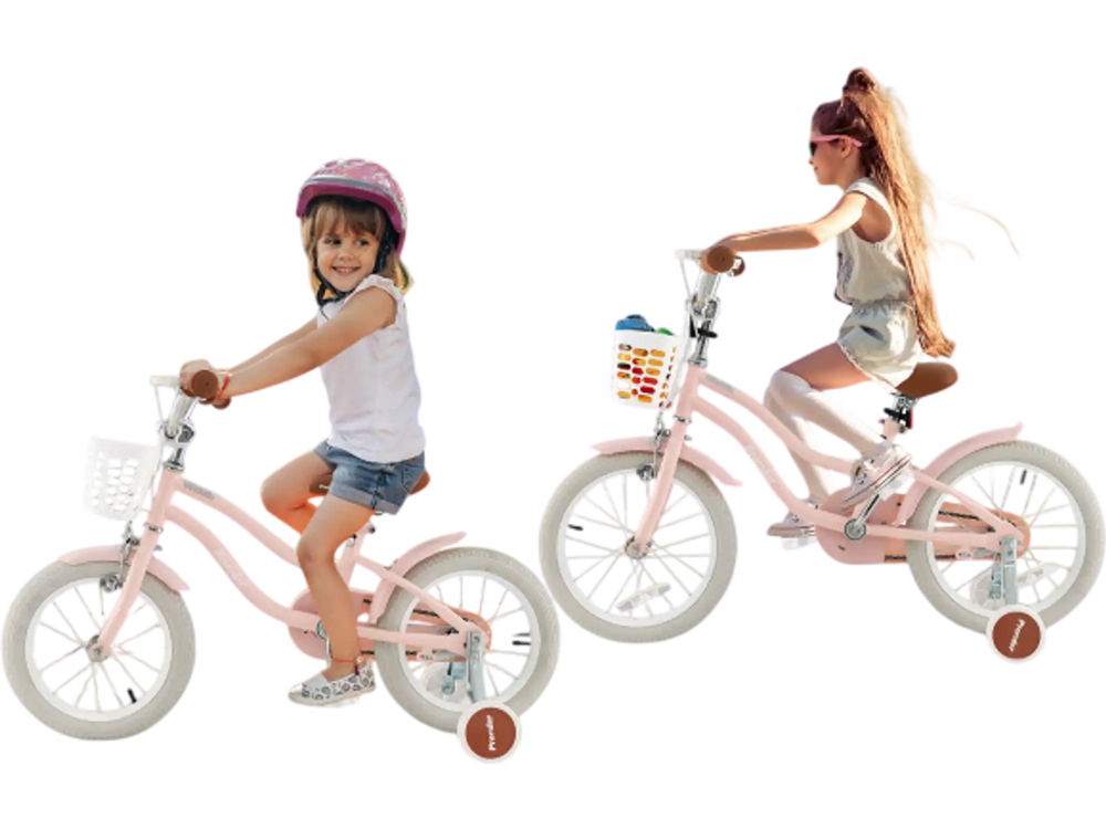 Pink 12-inch kids bike with training wheels, removable basket, and adjustable seat for comfortable riding outdoors.