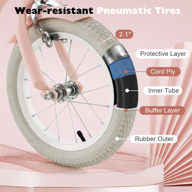 Close-up of a 12-inch kids bike tire featuring wear-resistant pneumatic design for smooth riding and durability.