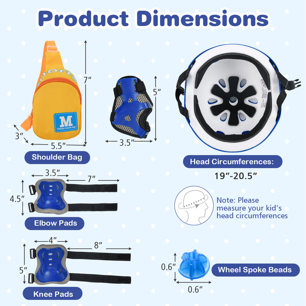 Dimensions of the 18-inch kids bike helmet protective set, including knee pads and elbow pads, ideal for safe riding.