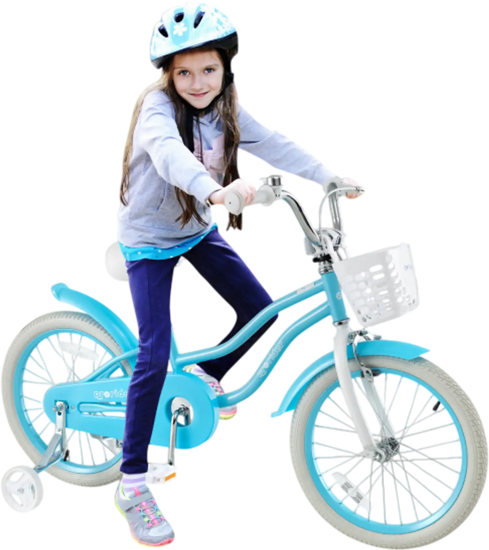 Blue 18-inch kids bike with removable basket, training wheels, and adjustable seat for safe, comfortable riding.