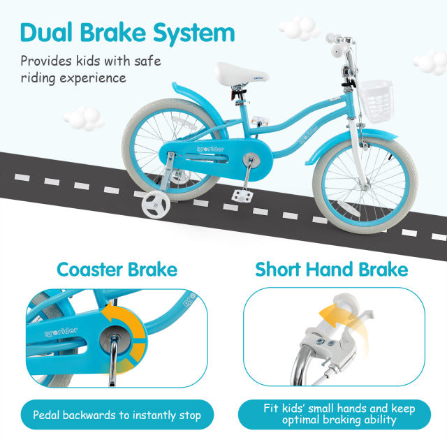 18-inch blue kids bike featuring a dual brake system, removable basket, and adjustable seat for safe, comfortable.