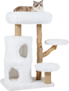Modern cat tree with white plush fabric, solid wood branches, and two padded platforms for indoor cats to explore and.