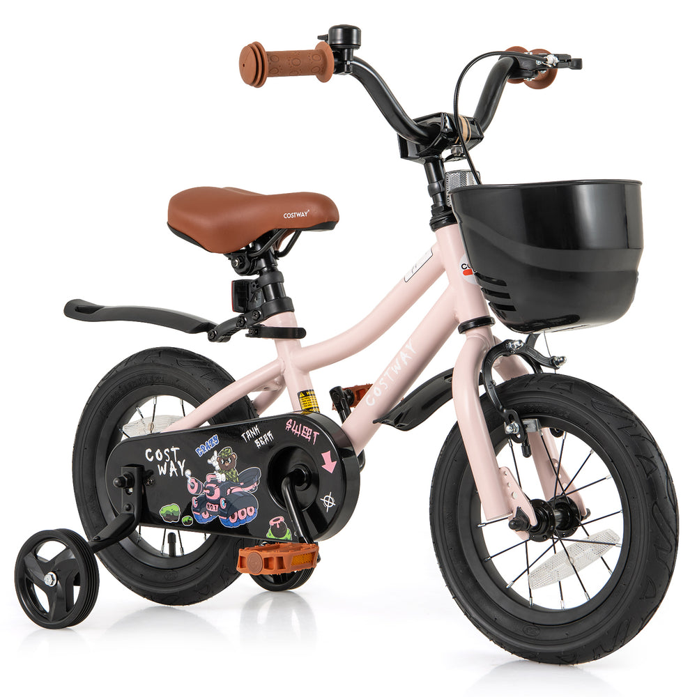 12-inch kids bike in pink with removable training wheels, dual brake system, and adjustable seat for safe riding.