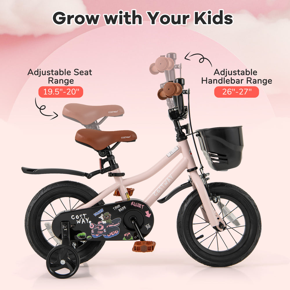 12-inch kids bike in pink with adjustable seat and handlebars, featuring dual brakes and removable training wheels for.