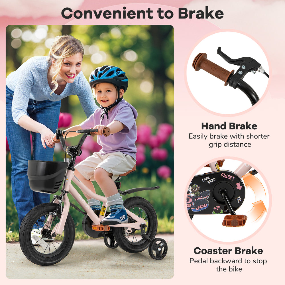 12-inch kids bike in black and pink with hand brake, coaster brake, and removable training wheels for safety and.