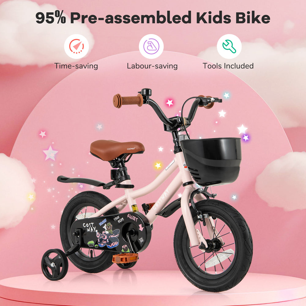 12-inch pink kids bike with removable training wheels, dual brakes, and adjustable seat for safe, fun riding.