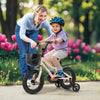 12-inch kids bike in black and pink with training wheels, adjustable seat, and dual brake system for safe riding.