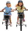 Two girls riding the 12-inch kids bike in black and pink, featuring adjustable seats and training wheels for safety.