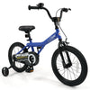 16-inch dark blue kids bike with adjustable seat, training wheels, and handbrakes for safe and comfortable riding.