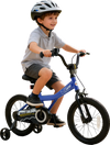 16-inch dark blue kids bike with adjustable seat, training wheels, and helmet, perfect for safe outdoor riding.