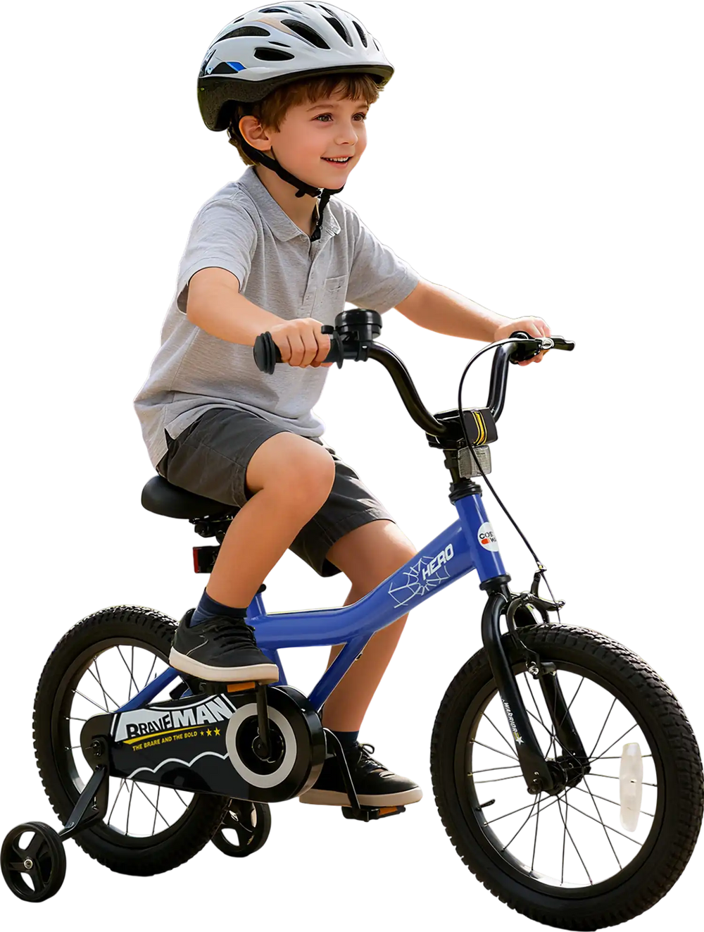 16-inch dark blue kids bike with adjustable seat, training wheels, and helmet, perfect for safe outdoor riding.