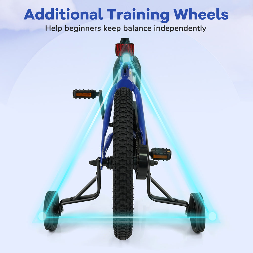 16-inch kids bike in dark blue with removable training wheels for improved balance and safety during rides.