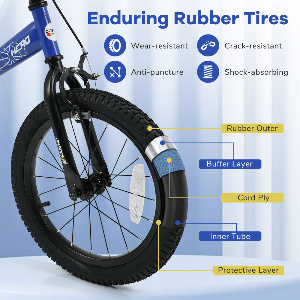 Close-up of the 16-inch kids bike tire featuring wear-resistant rubber, designed for durability and safety.