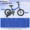 16-inch kids bike in dark blue with adjustable seat, training wheels, and handbrakes for safe riding.