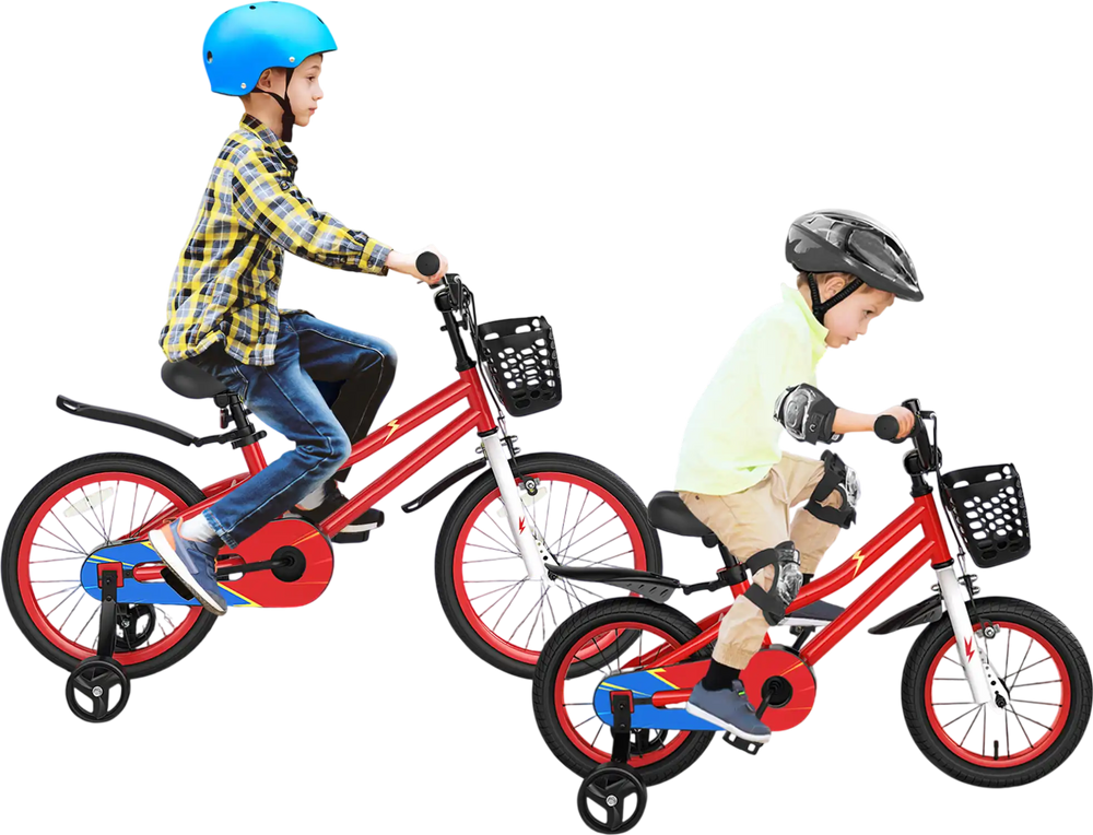 14-inch red kids bike with adjustable seat and handlebars, featuring a removable basket and training wheels for.