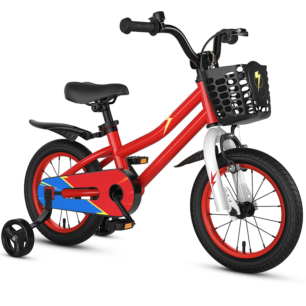 14-inch kids bike in red with training wheels, adjustable seat, hand brake, and removable basket for toys.