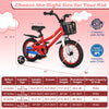 14-inch kids bike in red with adjustable handlebar and seat, removable basket, and training wheels for safe riding.